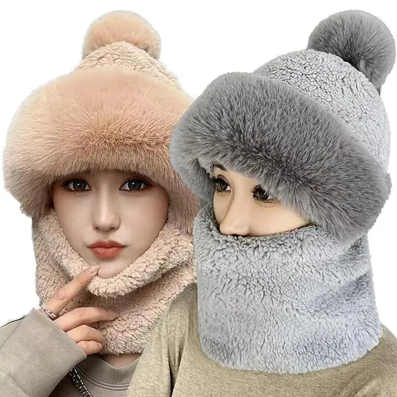 Showlu Fashion Store women's winter hooded scarf set with plush windproof beanie hat, perfect for outdoor skiing and cold weather warmth.