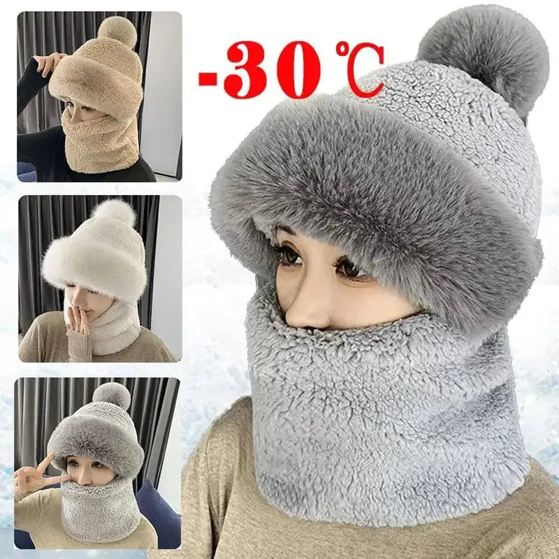 Showlu Fashion Women's winter hooded scarf set with plush, windproof beanie hat, ideal for outdoor skiing and cold weather warmth