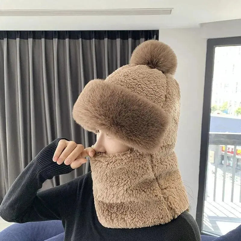 Showlu Fashion Women's winter hooded scarf set with plush windproof beanie hat, warm and fluffy for outdoor skiing and cold weather.