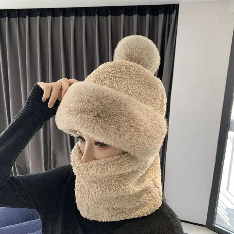 Showlu Fashion Women's winter hooded scarf set with plush windproof beanie hat, thick and fluffy for outdoor skiing and cold weather warmth.