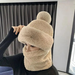 Winter Scarf Set Hooded for Women Plush Neck Warm Russia Outdoor Ski Windproof Hat Thick Plush Fluffy Beanies - SHOWLU FASHION STORE