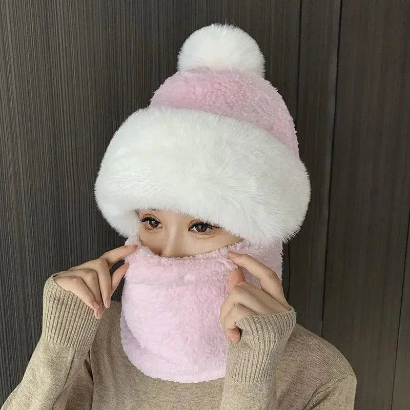 Winter women's hooded scarf set with plush, windproof beanie hat, designed for warmth and outdoor skiing by Showlu Fashion Store