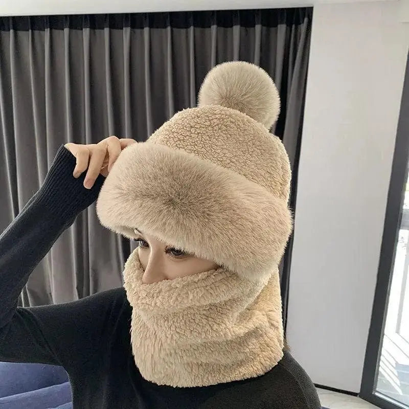 Showlu Fashion Store women's winter hooded scarf set with plush windproof beanie hat, perfect for outdoor skiing and cold weather.