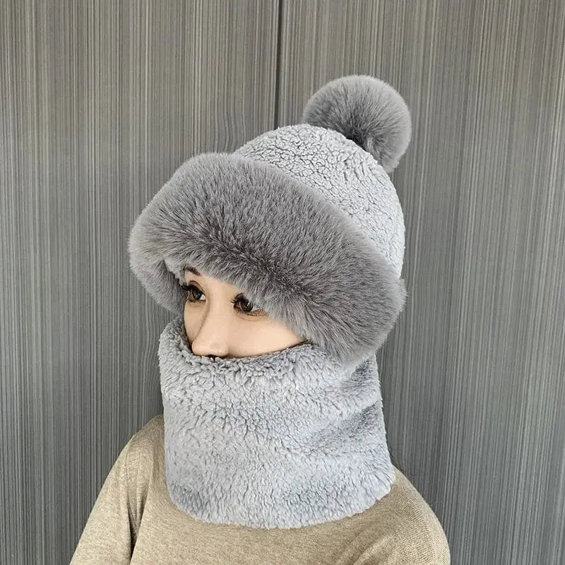 Showlu Fashion Women's winter hooded scarf set with plush windproof beanie hat, ideal for outdoor skiing and cold weather warmth