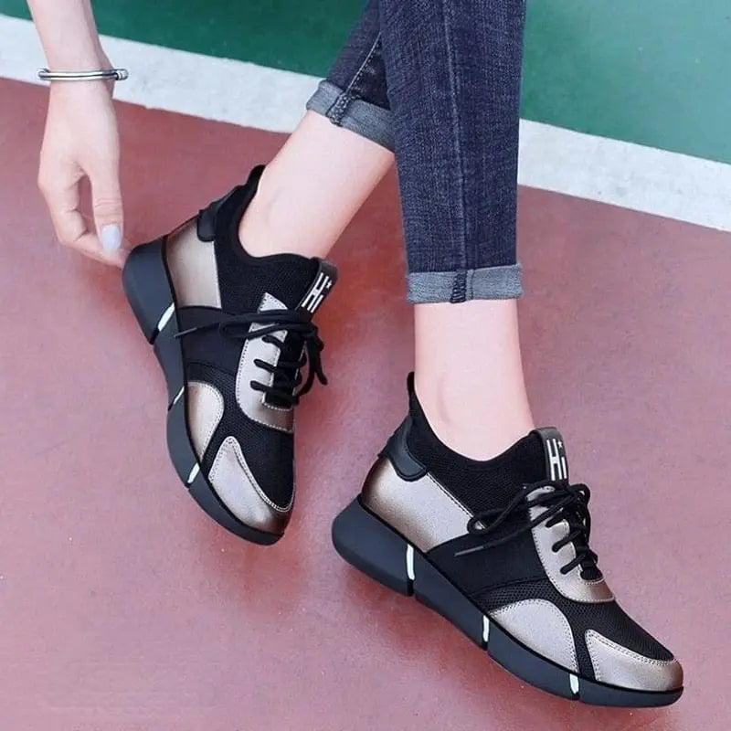 Showlu women's black casual sport sneakers with breathable mesh design, comfortable for running and everyday wear.