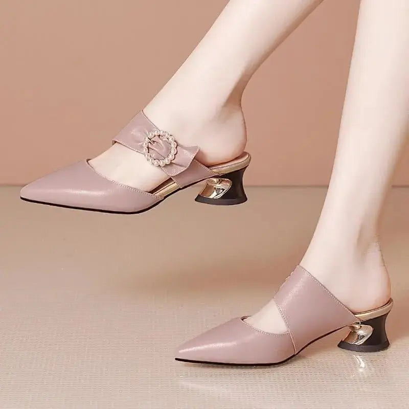 Beige pointed toe stiletto pumps for women by Showlu Fashion Store featuring classic high heels and stylish slip-on design.