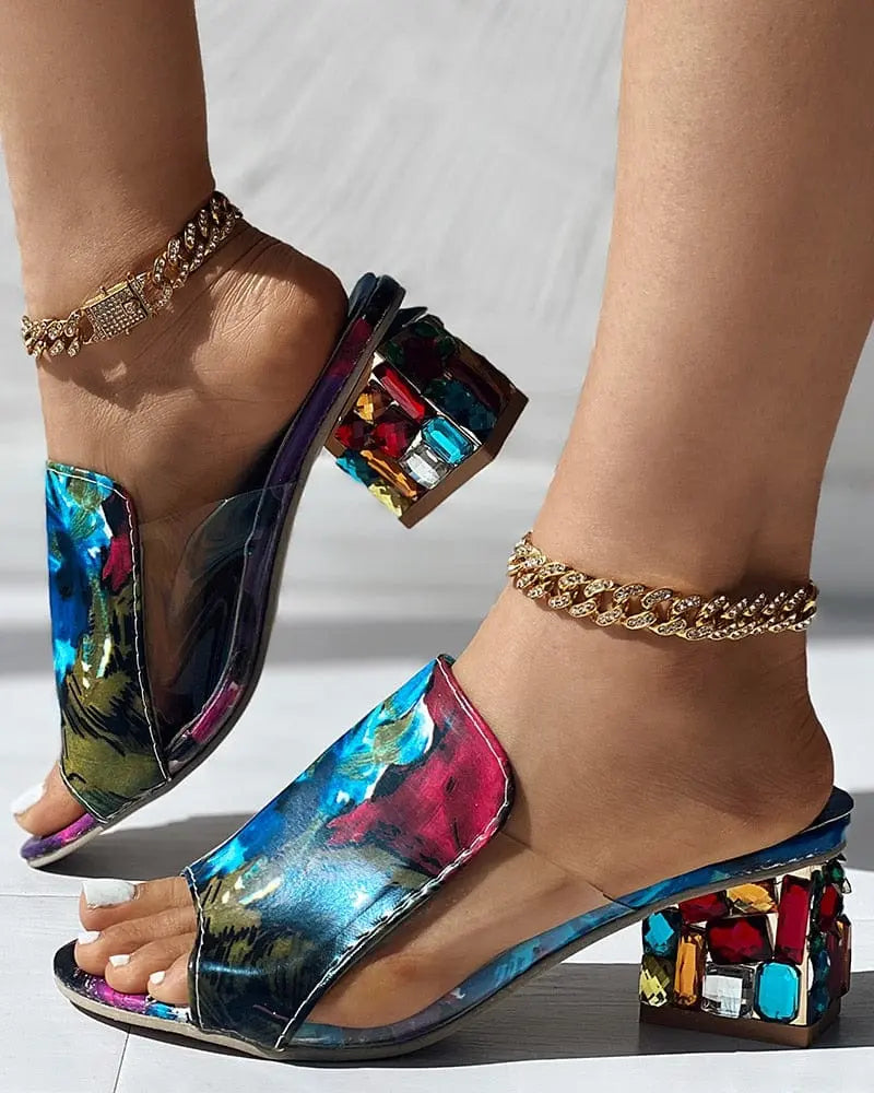Ninimour women's colorblock croc-embossed low heel sandals with rhinestones and chunky heels for casual style.