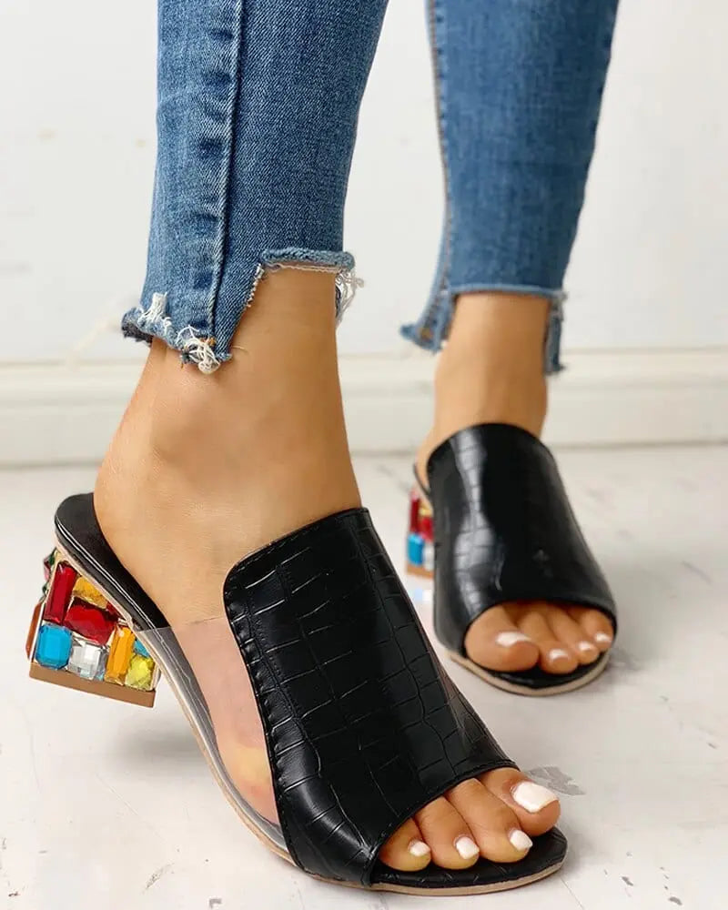 Ninimour women's croc-embossed rhinestone low heel sandals in colorblock with chunky heels, casual fashion footwear.