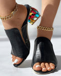 Ninimour women's colorblock croc-embossed low heel sandals with rhinestones and chunky heels for casual fashion.