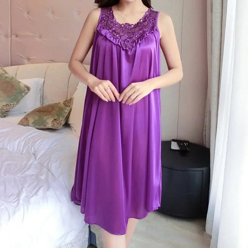 Women wearing Showlu Fashion satin lace nightgown with V-neck, featuring silky sleepwear and sexy lace details.