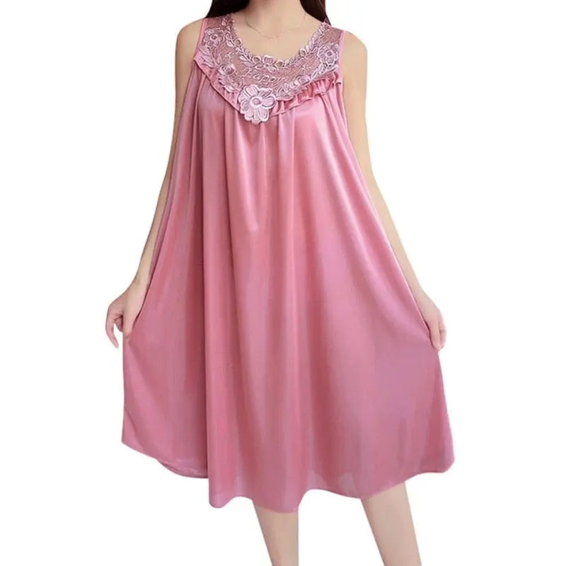 Women wearing satin lace nightgown with V-neck, showcasing sexy silk sleepwear and robe from Showlu Fashion Store.