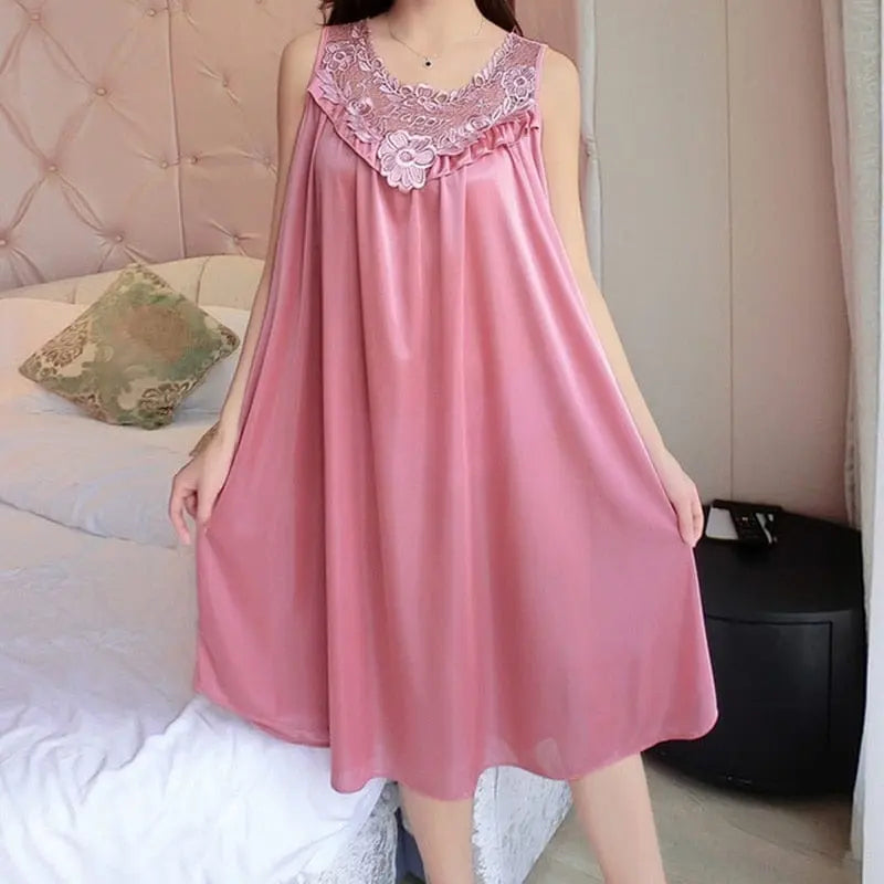 Women wearing a satin lace V-neck nightgown, silky sleepwear robe with lace details, from Showlu Fashion Store.