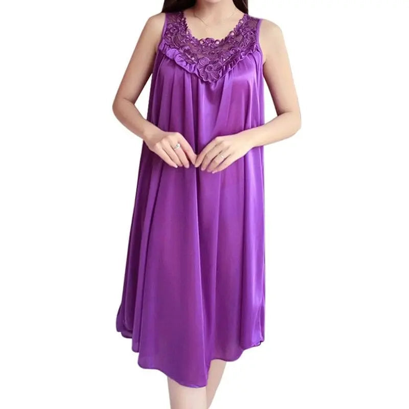 Women wearing satin lace nightgown with V-neck, showing elegant silk sleepwear and sexy lingerie by Showlu Fashion Store.