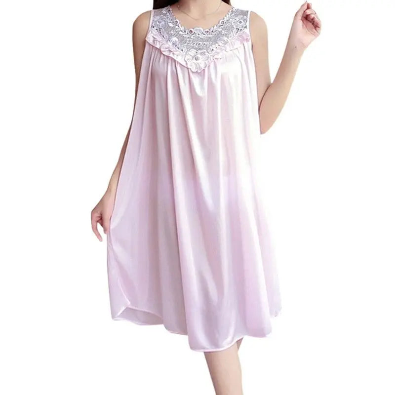 Women wearing Showlu Fashion satin lace nightgown with V-neck, silky sleepwear robe for comfortable home sleepwear.
