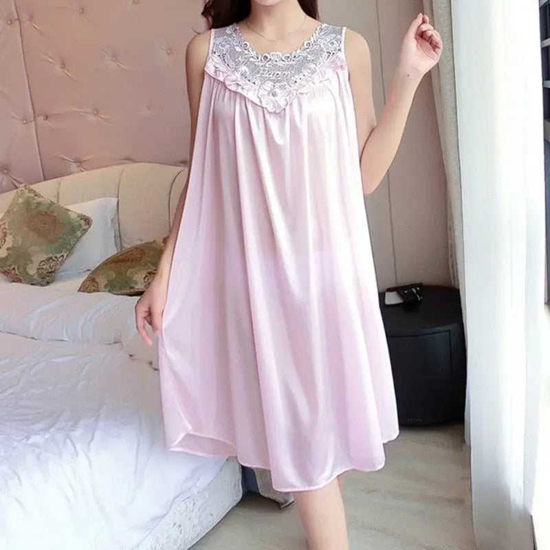 Women wearing a satin lace nightgown with a sexy V-neck, silk sleepwear robe by Showlu Fashion Store, comfortable home sleepwear.