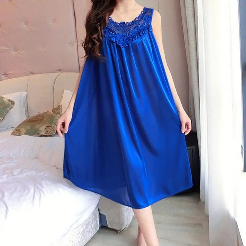Women wearing Showlu Fashion satin lace nightgown with sexy V-neck, silky sleepwear robe, and lace details.