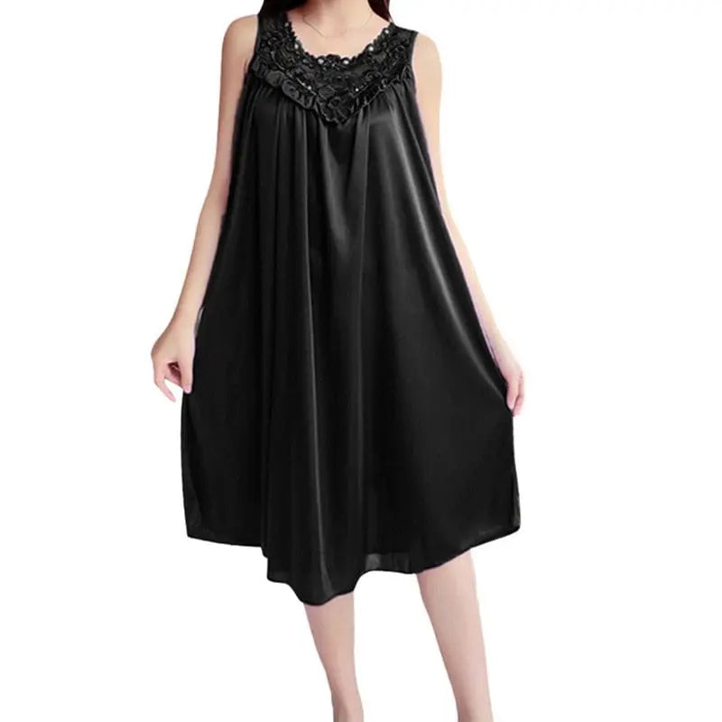 Women wearing Showlu Fashion satin lace nightgown with V-neck, silky sleepwear robe, perfect for elegant nighttime lounging.