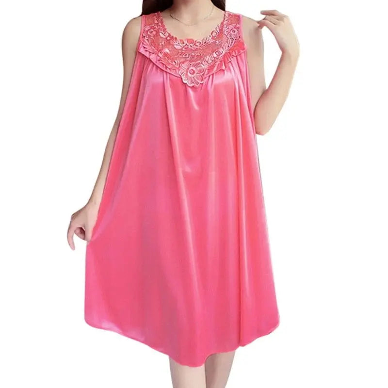 Women wearing Showlu Fashion satin lace nightgown with sexy V-neck, silk sleepwear robe, perfect for comfortable home sleepwear.