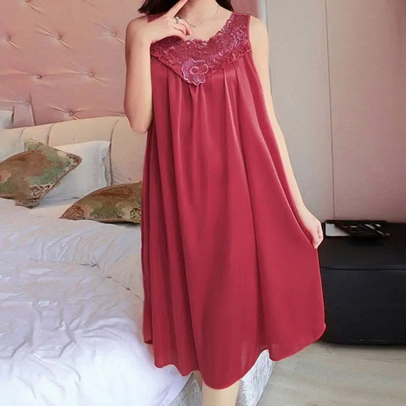 Women wearing satin lace nightgown with V-neck, silk sleepwear robe, showcasing sexy and comfortable sleepwear by Showlu Fashion.