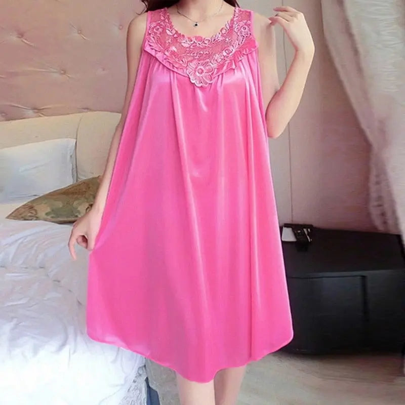 Women wearing satin lace nightgown with V-neck, showing sexy silk sleepwear robe for women by Showlu Fashion Store.