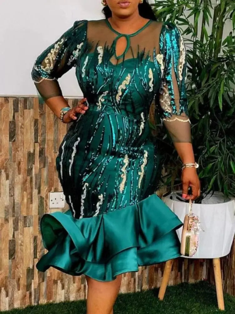 Aimei women's sequined mesh sheath dress with three-quarter sleeves, African style evening gown, perfect for parties and celebrations.