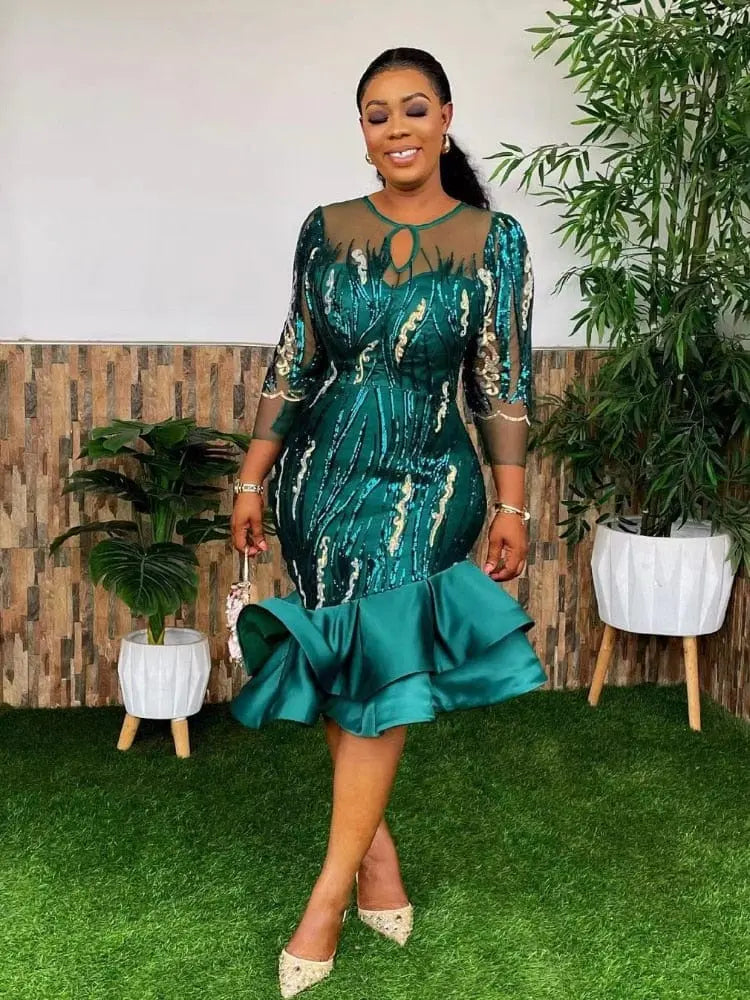 Aimei women's sequined mesh sheath dress with African style design, three-quarter sleeves, perfect for evening and celebration events