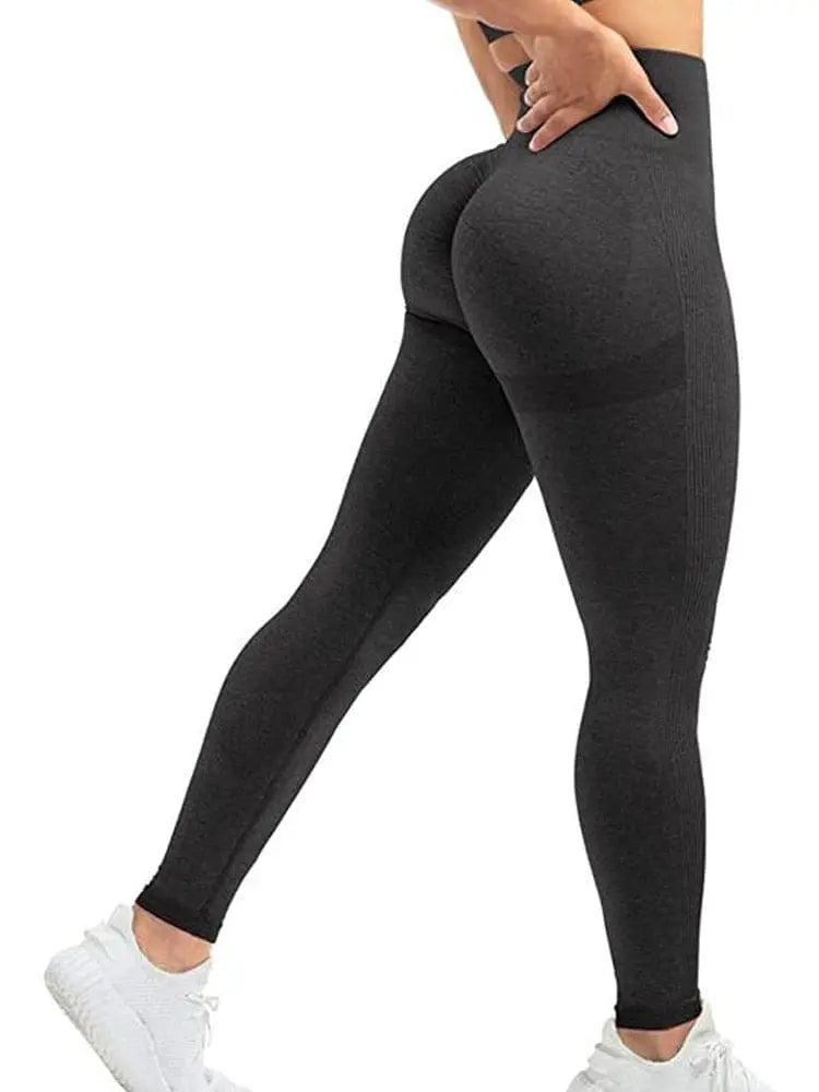 Women wearing black MEHEOL seamless high waist workout leggings with a push-up design, ideal for gym and active wear.