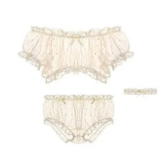 Women’s sheer star ruffle pajamas set by Anel Demosthene featuring off-shoulder tops, shorts, and delicate lingerie details.