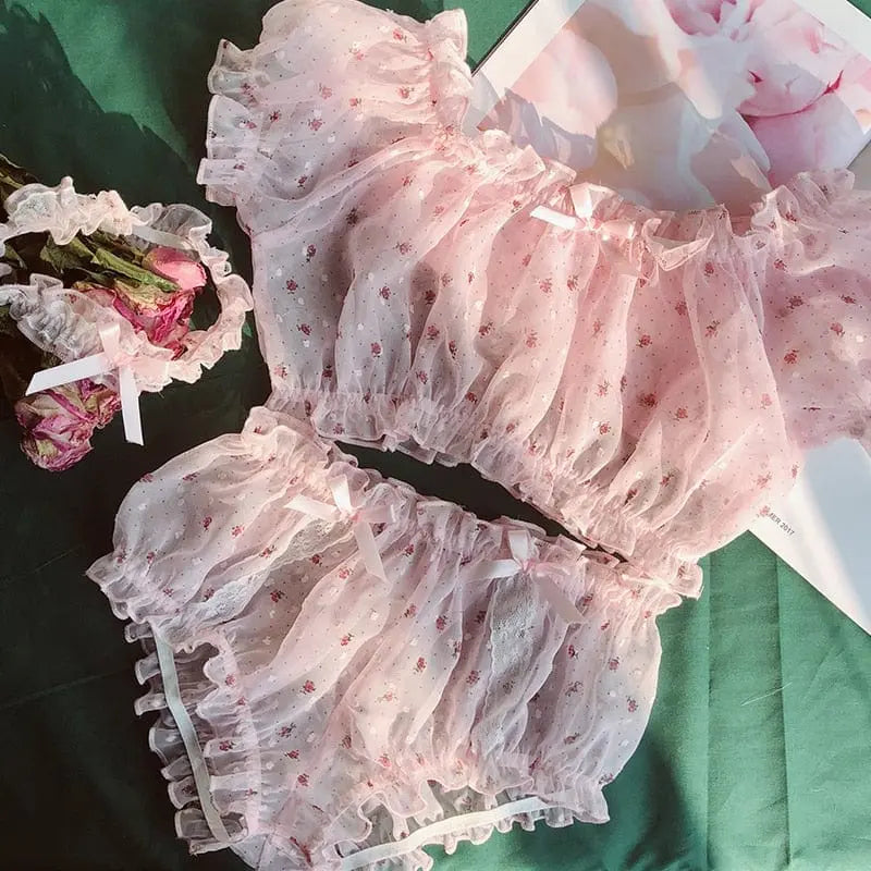 Anel Demosthene women's sheer star ruffle pajama set with off-shoulder top and shorts, featuring gauze fabric and delicate ruffle details.