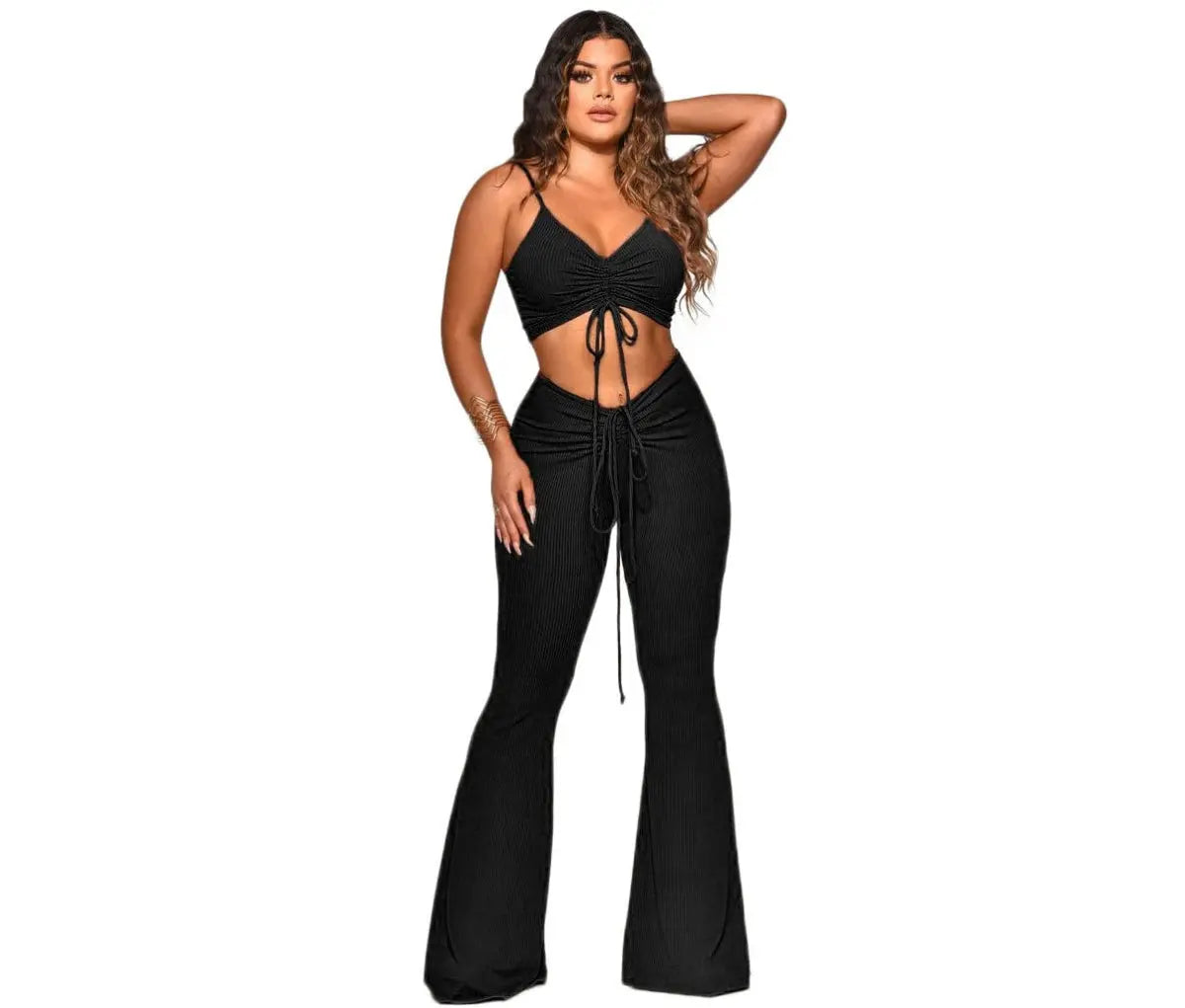 Women’s two-piece summer outfit set with nylon tank top and long pants from Showlu Fashion, styled for warm weather.