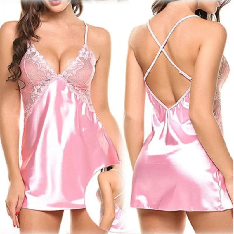  Showlu Fashion Store 0 pink / one size Women's Sexy Lace Satin Nightdress Women's Lingerie Sleepwear Set Babydoll Sexy Costumes Erotic Hot Dresses Exotic Pajamas