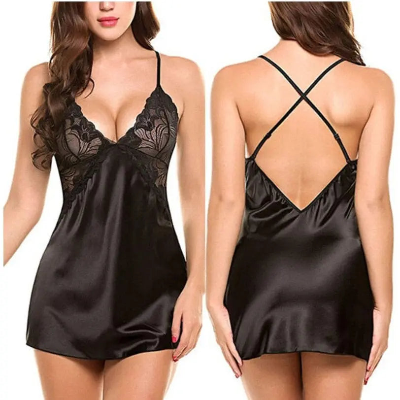 Showlu Fashion women's lace satin nightdress, sexy lingerie babydoll with delicate lace details and smooth satin fabric.