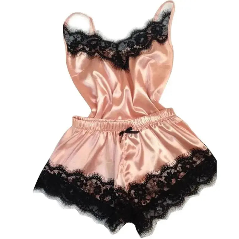 Women’s sexy lace satin pajama set with sleeveless v-neck tops and shorts, stylish nightwear by Showlu Fashion Store.