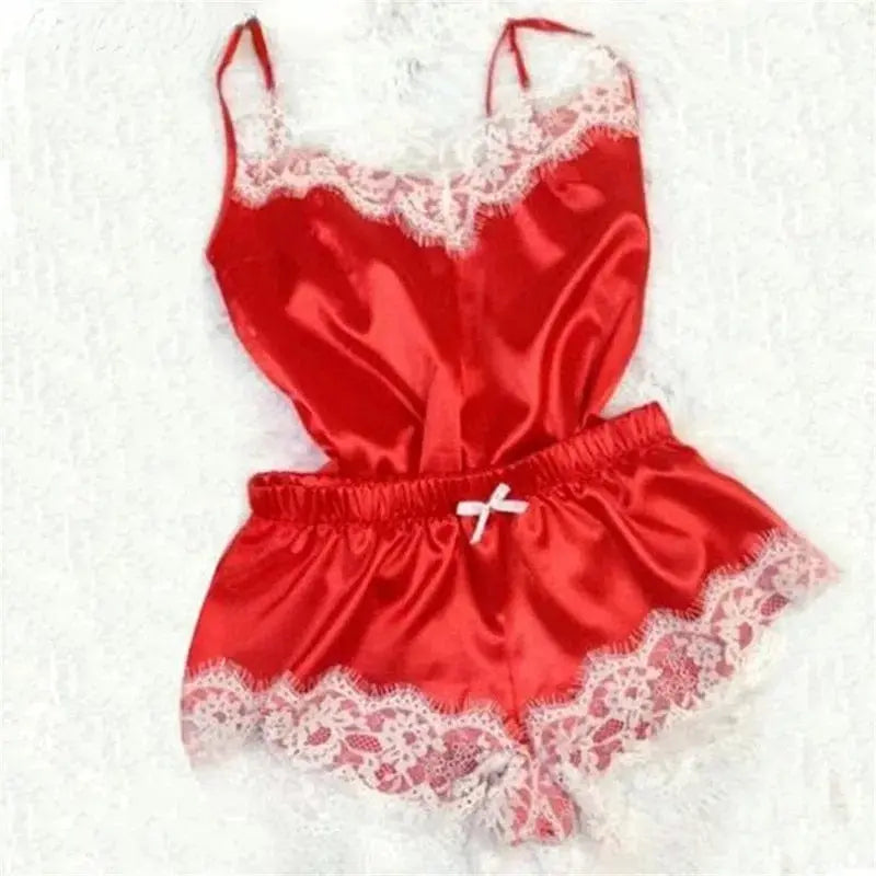 Women’s sexy lace satin pajama set with V-neck sleeveless top and matching shorts, stylish sleepwear by Showlu Fashion.