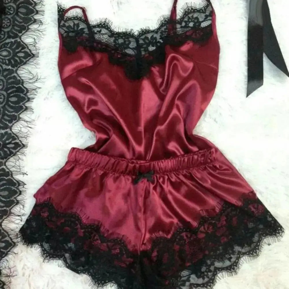 Women’s sexy lace satin pajama set with sleeveless V-neck top and matching shorts, stylish sleepwear from Showlu Fashion Store.