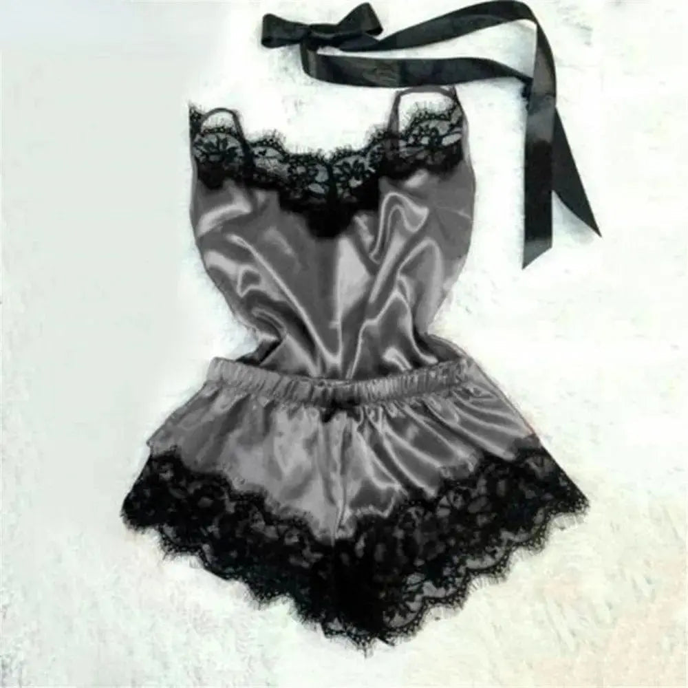 Women’s sexy lace satin pajama set with sleeveless v-neck top and shorts, stylish sleepwear by Showlu Fashion Store.