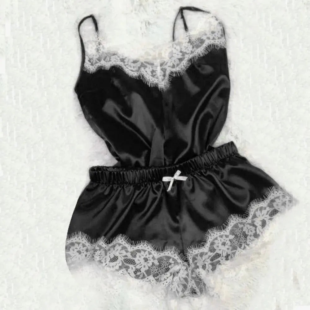 Women’s sexy lace satin pajama set with sleeveless V-neck top and matching shorts, stylish sleepwear by Showlu Fashion Store.