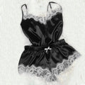 Women’s sexy lace satin pajama set with sleeveless V-neck top and matching shorts, stylish sleepwear by Showlu Fashion Store.