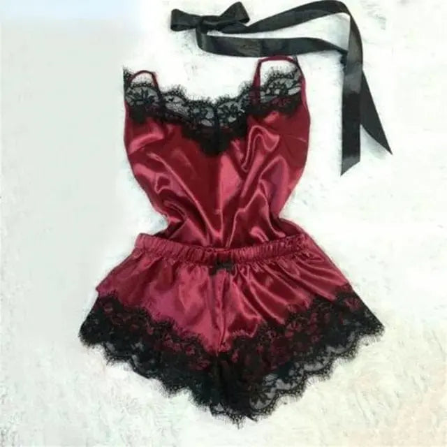 Women’s sexy lace satin pajama set with sleeveless V-neck top and shorts, stylish sleepwear by Showlu Fashion.