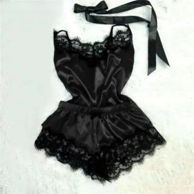 Women’s sexy lace satin pajama set featuring a V-neck sleeveless top and matching shorts, stylish sleepwear by Showlu Fashion.