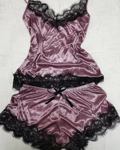 Women’s sexy lace satin pajama set with v-neck sleeveless top and shorts, stylish sleepwear by Showlu Fashion Store.