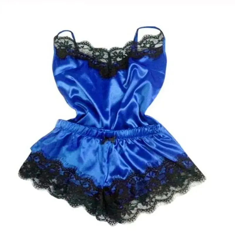 Women’s sexy lace satin pajama set by Showlu Fashion, sleeveless V-neck sleepwear with matching shorts, two-piece nightwear for women.