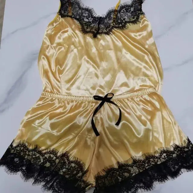 Women’s sexy lace satin pajama set by Showlu, sleeveless V-neck top and matching shorts, luxurious sleepwear for women.