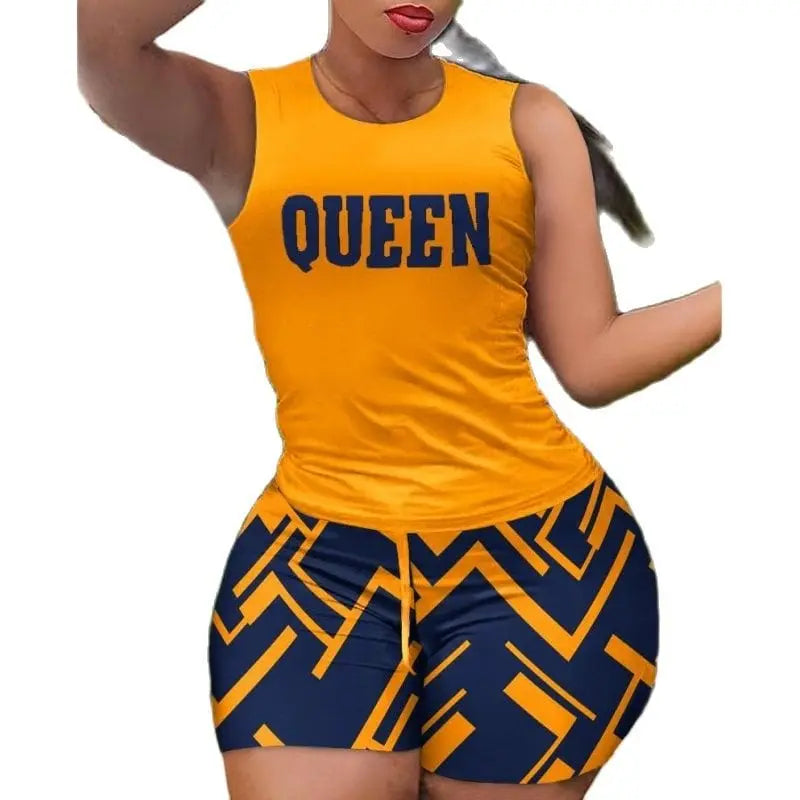 Owner Girl women's two-piece print set with quick-dry sports top and shorts, perfect for casual summer fitness and active wear.
