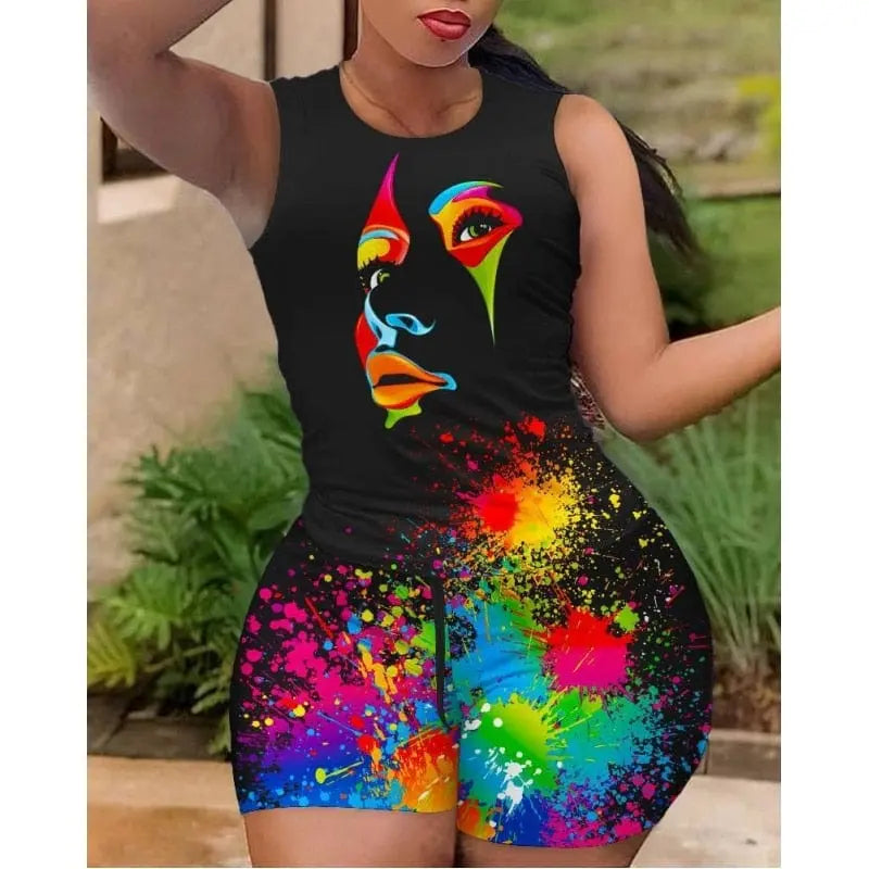 Owner Girl women's two-piece print set with quick-dry sports top and shorts, perfect for casual wear and fitness activities.