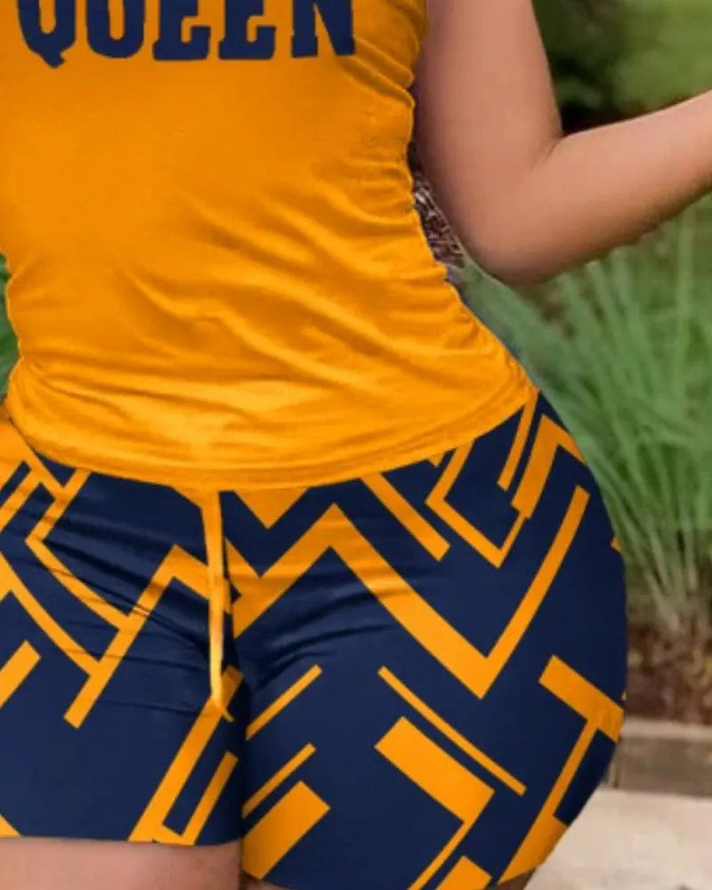Owner Girl Women's two-piece print set featuring a quick-dry sports top and shorts, perfect for casual and fitness activities.