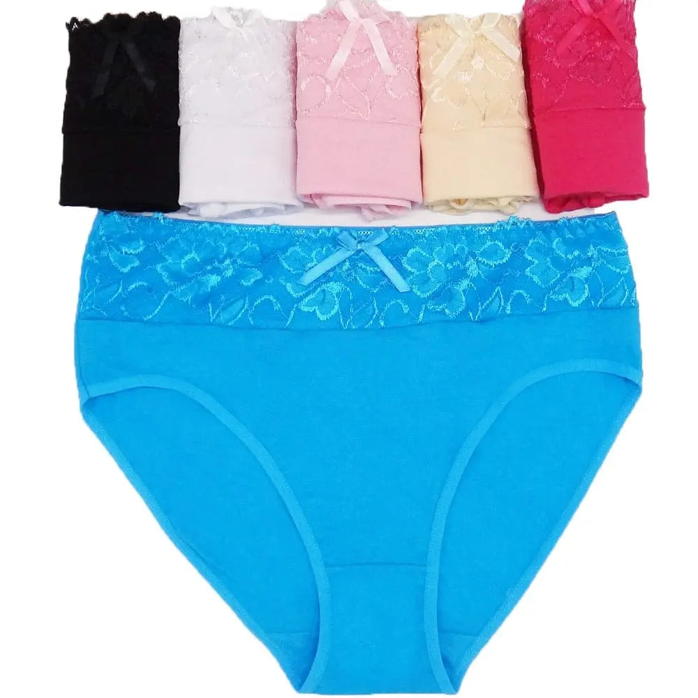 Set of three women's cotton lace mid-rise briefs featuring solid colors and lace details, designed for comfortable and sexy fit.