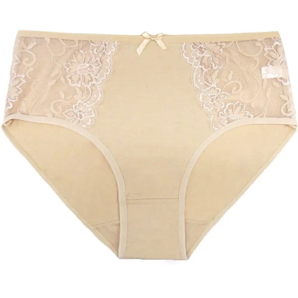 Set of three women's cotton lace mid-rise briefs by Showlu Fashion Store, featuring solid colors and lace waist patches.