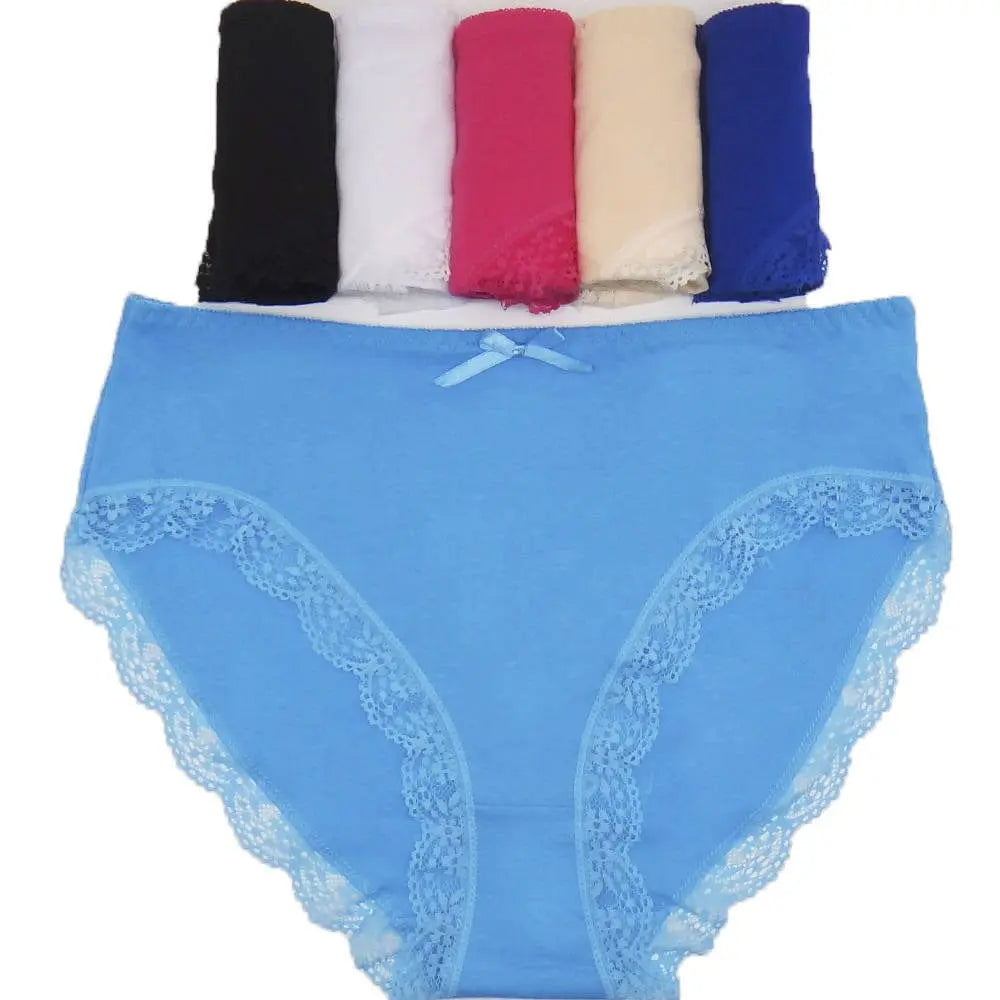 Set of three Showlu Fashion Women's cotton lace mid-rise briefs featuring solid colors and lace waist patches, plus size underwear.