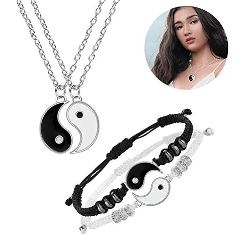 Showlu Tai Chi Yin Yang woven bracelet and necklace set with alloy pendant, hand-woven rope jewelry for a balanced, stylish look.